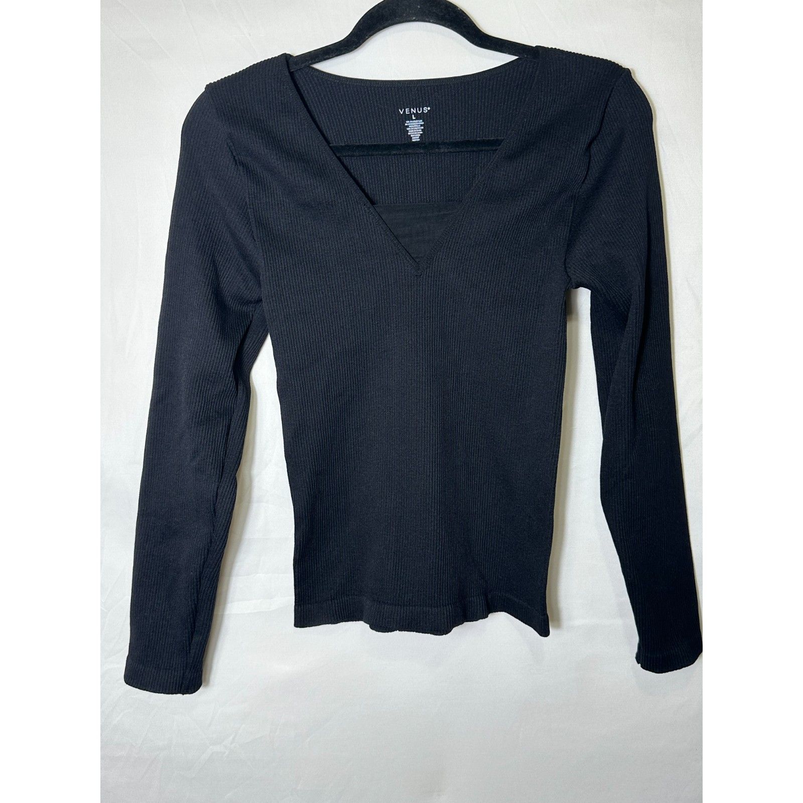 Venus Women's Super Stretchy Ribbed Bodycon Long Sleeve Top Deep V Neck Size L